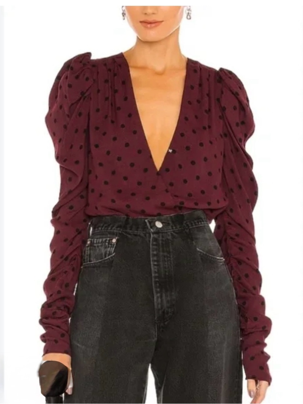 AFRM Burgundy with Black Polka Dot Wrap Bodysuit